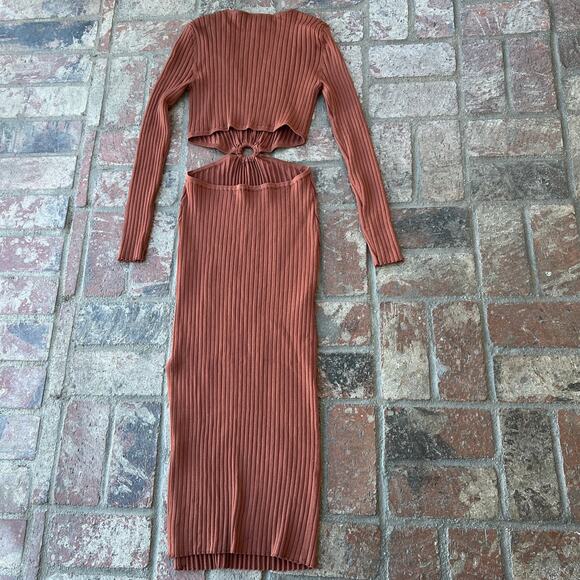 House of Harlow 1960 Brown Dress Ribbed Cutout Waist Long Sleeve Size S V-Neck - Picture 3 of 3